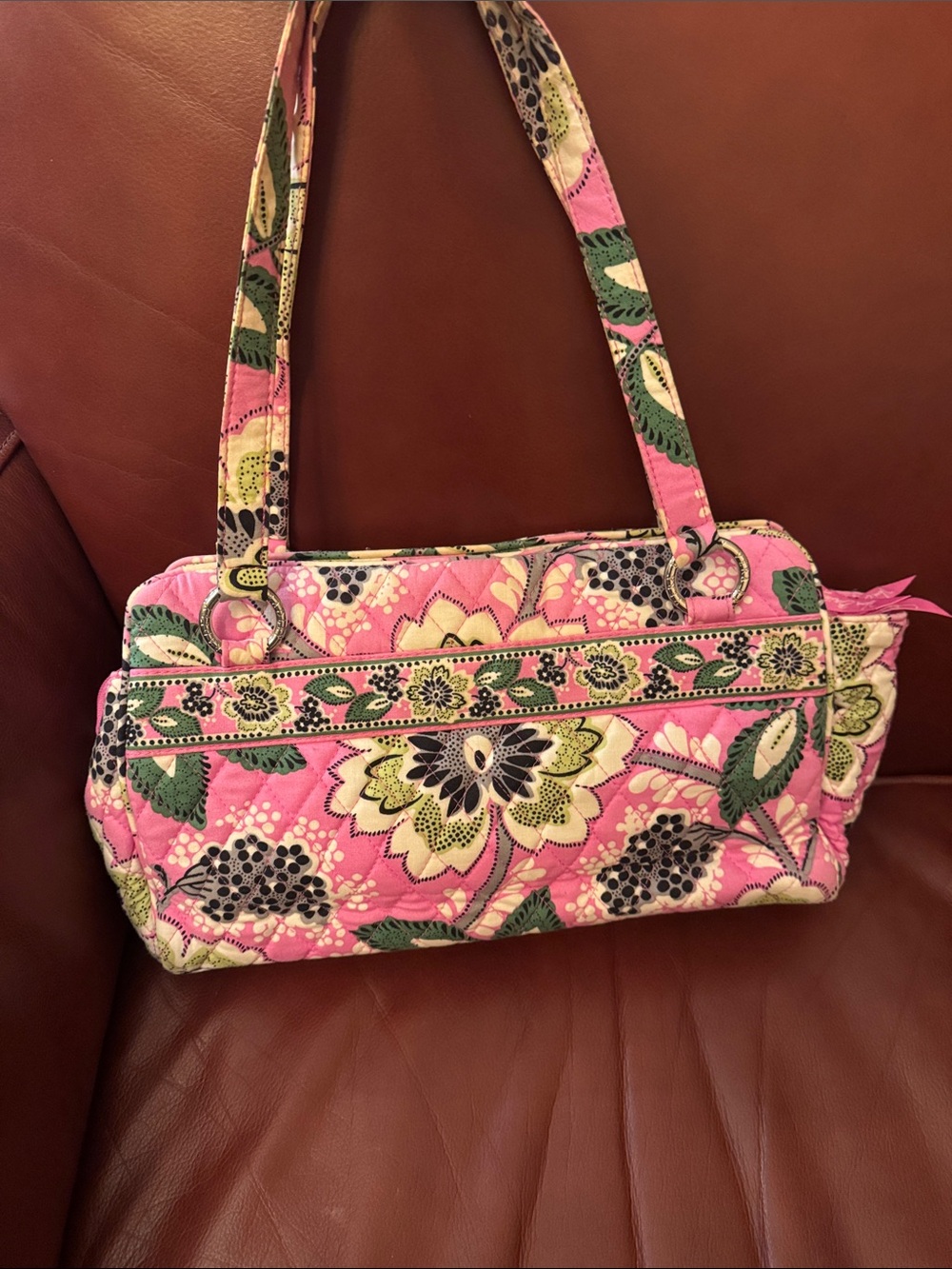 Vera Bradley “Priscilla Pink” Floral Quilted Shoulder Purse with Green Accents